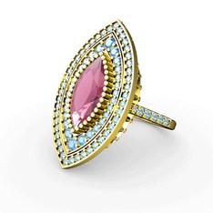 Pembe kuvars ve akuamarin 14 ayar altın yüzük