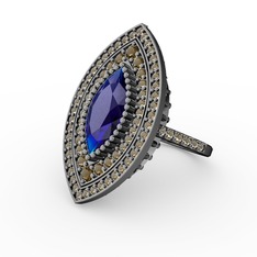 Lab safir ve dumanlı kuvars 925 ayar siyah rodyum kaplama gümüş yüzük