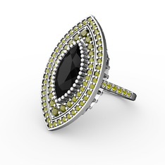 Mabeyn Mekik Yüzük - Siyah zirkon ve peridot 14 ayar beyaz altın yüzük #1ftdxf7