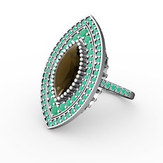 Mabeyn Mekik Yüzük - Dumanlı kuvars ve kök zümrüt 14 ayar beyaz altın yüzük #1g4darg