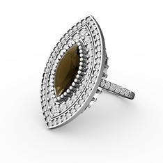 Dumanlı kuvars ve swarovski 8 ayar beyaz altın yüzük