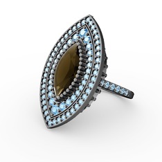 Dumanlı kuvars ve akuamarin 925 ayar siyah rodyum kaplama gümüş yüzük