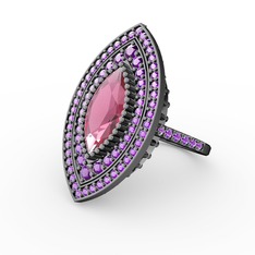 Mabeyn Mekik Yüzük - Pembe kuvars ve ametist 925 ayar siyah rodyum kaplama gümüş yüzük #1ru0sl7