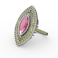 Mabeyn Mekik Yüzük - Pembe kuvars ve peridot 18 ayar beyaz altın yüzük #1vjjbfg