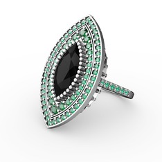 Mabeyn Mekik Yüzük - Siyah zirkon ve yeşil kuvars 18 ayar beyaz altın yüzük #1vtapzm