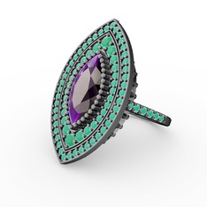 Mabeyn Mekik Yüzük - Ametist ve kök zümrüt 925 ayar siyah rodyum kaplama gümüş yüzük #6pzd5q