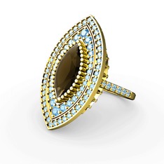 Dumanlı kuvars ve akuamarin 14 ayar altın yüzük