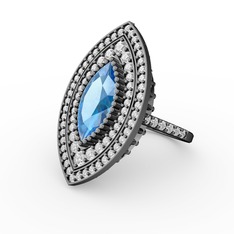 Mabeyn Mekik Yüzük - Akuamarin ve swarovski 925 ayar siyah rodyum kaplama gümüş yüzük #c683bt