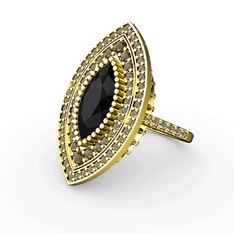 Mabeyn Mekik Yüzük - Siyah zirkon ve dumanlı kuvars 18 ayar altın yüzük #e8re33