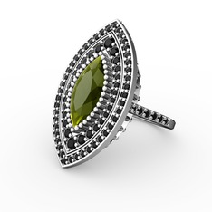 Mabeyn Mekik Yüzük - Peridot ve siyah zirkon 14 ayar beyaz altın yüzük #i430xj
