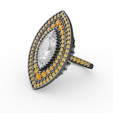 Mabeyn Mekik Yüzük - Swarovski ve sitrin 925 ayar siyah rodyum kaplama gümüş yüzük #taa4dg