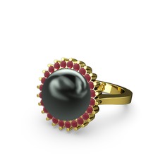 Gün Işığı İnci Yüzük - Siyah inci ve kök yakut 14 ayar altın yüzük #1254ebw