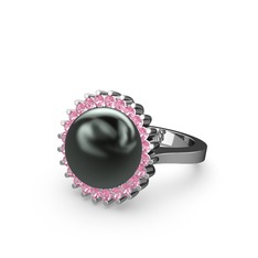 Gün Işığı İnci Yüzük - Siyah inci ve pembe kuvars 14 ayar beyaz altın yüzük #1l5bt01