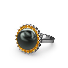 Gün Işığı İnci Yüzük - Siyah inci ve sitrin 14 ayar beyaz altın yüzük #1p6x6ug