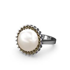 Inci ve dumanlı kuvars 8 ayar beyaz altın yüzük