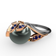 İncili Yaprak Yüzük - Siyah inci ve lab safir 18 ayar rose altın yüzük #10doq8f