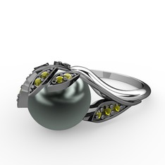 İncili Yaprak Yüzük - Siyah inci ve peridot 925 ayar siyah rodyum kaplama gümüş yüzük #10spg04