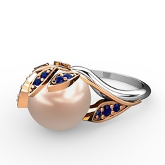 İncili Yaprak Yüzük - Pembe inci ve lab safir 8 ayar rose altın yüzük #111i4cn