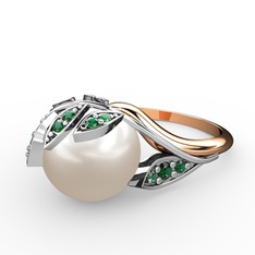 İncili Yaprak Yüzük - Inci ve yeşil kuvars 18 ayar beyaz altın yüzük #11ozi94