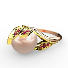 İncili Yaprak Yüzük - Pembe inci ve rodolit garnet 14 ayar altın yüzük #11zmk5l