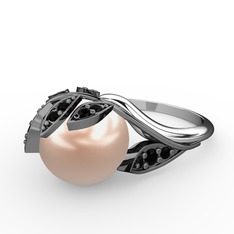 İncili Yaprak Yüzük - Pembe inci ve siyah zirkon 925 ayar siyah rodyum kaplama gümüş yüzük #121z2c2