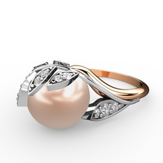 İncili Yaprak Yüzük - Pembe inci ve swarovski 18 ayar beyaz altın yüzük #12pk9e1