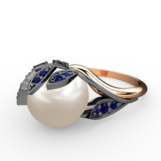 İncili Yaprak Yüzük - Inci ve lab safir 925 ayar siyah rodyum kaplama gümüş yüzük #12yrj43