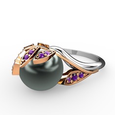 İncili Yaprak Yüzük - Siyah inci ve ametist 14 ayar rose altın yüzük #133k5mk