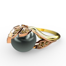 Siyah inci ve dumanlı kuvars 8 ayar rose altın yüzük