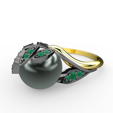 İncili Yaprak Yüzük - Siyah inci ve kök zümrüt 925 ayar siyah rodyum kaplama gümüş yüzük #13wdmej