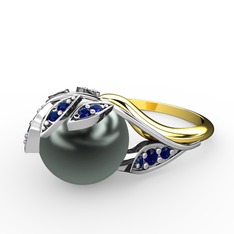 İncili Yaprak Yüzük - Siyah inci ve lab safir 14 ayar beyaz altın yüzük #142gv12