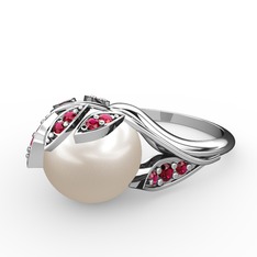 İncili Yaprak Yüzük - Inci ve rodolit garnet 18 ayar beyaz altın yüzük #14vzppr