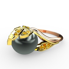 İncili Yaprak Yüzük - Siyah inci ve sitrin 18 ayar altın yüzük #15a5dsc