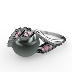 İncili Yaprak Yüzük - Siyah inci ve pembe kuvars 925 ayar siyah rodyum kaplama gümüş yüzük #15a6s6b