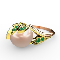 İncili Yaprak Yüzük - Pembe inci ve kök zümrüt 18 ayar altın yüzük #15m4ix6