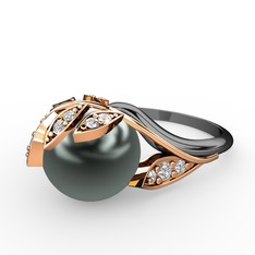 İncili Yaprak Yüzük - Siyah inci ve beyaz zirkon 8 ayar rose altın yüzük #15tc9vo