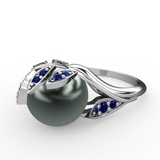 İncili Yaprak Yüzük - Siyah inci ve lab safir 14 ayar beyaz altın yüzük #15whxcf