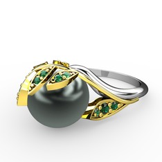 İncili Yaprak Yüzük - Siyah inci ve yeşil kuvars 8 ayar altın yüzük #16vm6mc