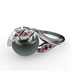 İncili Yaprak Yüzük - Siyah inci ve garnet 14 ayar beyaz altın yüzük #16z3pm6