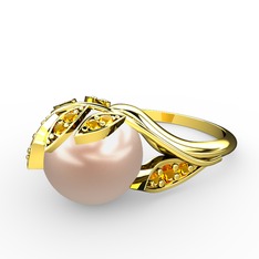 İncili Yaprak Yüzük - Pembe inci ve sitrin 14 ayar altın yüzük #175jzfm