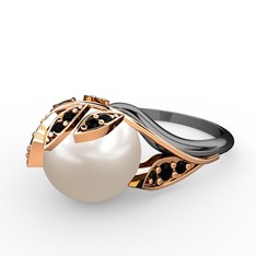 İncili Yaprak Yüzük - Inci ve siyah zirkon 925 ayar rose altın kaplama gümüş yüzük #17j65b8
