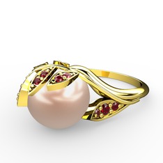 İncili Yaprak Yüzük - Pembe inci ve garnet 925 ayar altın kaplama gümüş yüzük #17q6q2a