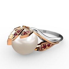 İncili Yaprak Yüzük - Inci ve garnet 14 ayar rose altın yüzük #17xwsl