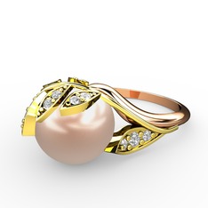 İncili Yaprak Yüzük - Pembe inci ve swarovski 925 ayar altın kaplama gümüş yüzük #193yigq