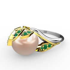 İncili Yaprak Yüzük - Pembe inci ve kök zümrüt 925 ayar altın kaplama gümüş yüzük #19ex5un