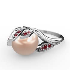İncili Yaprak Yüzük - Pembe inci ve garnet 18 ayar beyaz altın yüzük #19jifsb