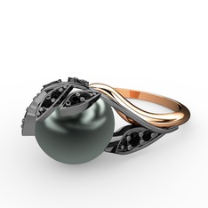 İncili Yaprak Yüzük - Siyah inci ve siyah zirkon 925 ayar siyah rodyum kaplama gümüş yüzük #19rt7nn