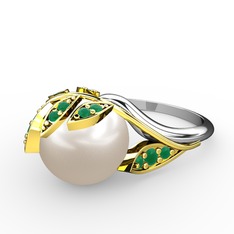 İncili Yaprak Yüzük - Inci ve kök zümrüt 8 ayar altın yüzük #1a7933p