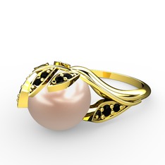 İncili Yaprak Yüzük - Pembe inci ve siyah zirkon 8 ayar altın yüzük #1acqkfm