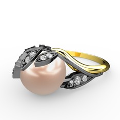 İncili Yaprak Yüzük - Pembe inci ve swarovski 925 ayar siyah rodyum kaplama gümüş yüzük #1atbbtx